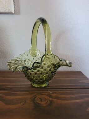 Fenton Colonial Green Glass Basket with Handle - Home Accents